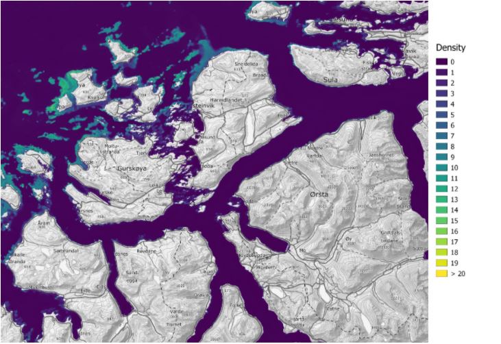 Figure 2. Tangle kelp (Laminaria hyperborea) densities (number of plants per m2), predicted for Norway based on field data and statistical analyses