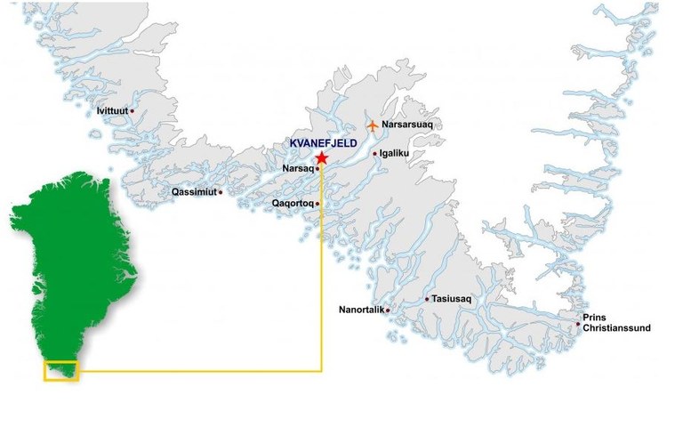 Karta Narsaq och gruvprojektet Kvanefjord Karta: Greenland Minerals