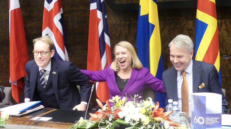 Utrikesmionistrarna i Helsingfors Foto: Björn LindahlFrån vänster: Tobias Billström, Sverige, Anniken Huitfeldt, Norge och Pekka Haavisto, Finland.