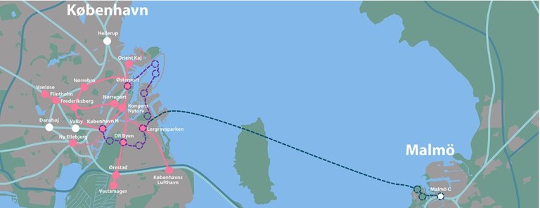 Öresundsmetron karta Källa: Malmö stad/ÖresundsmetronNy karta över Öresund. Den streckade linjen markerar Öresundsmetron sträckning.