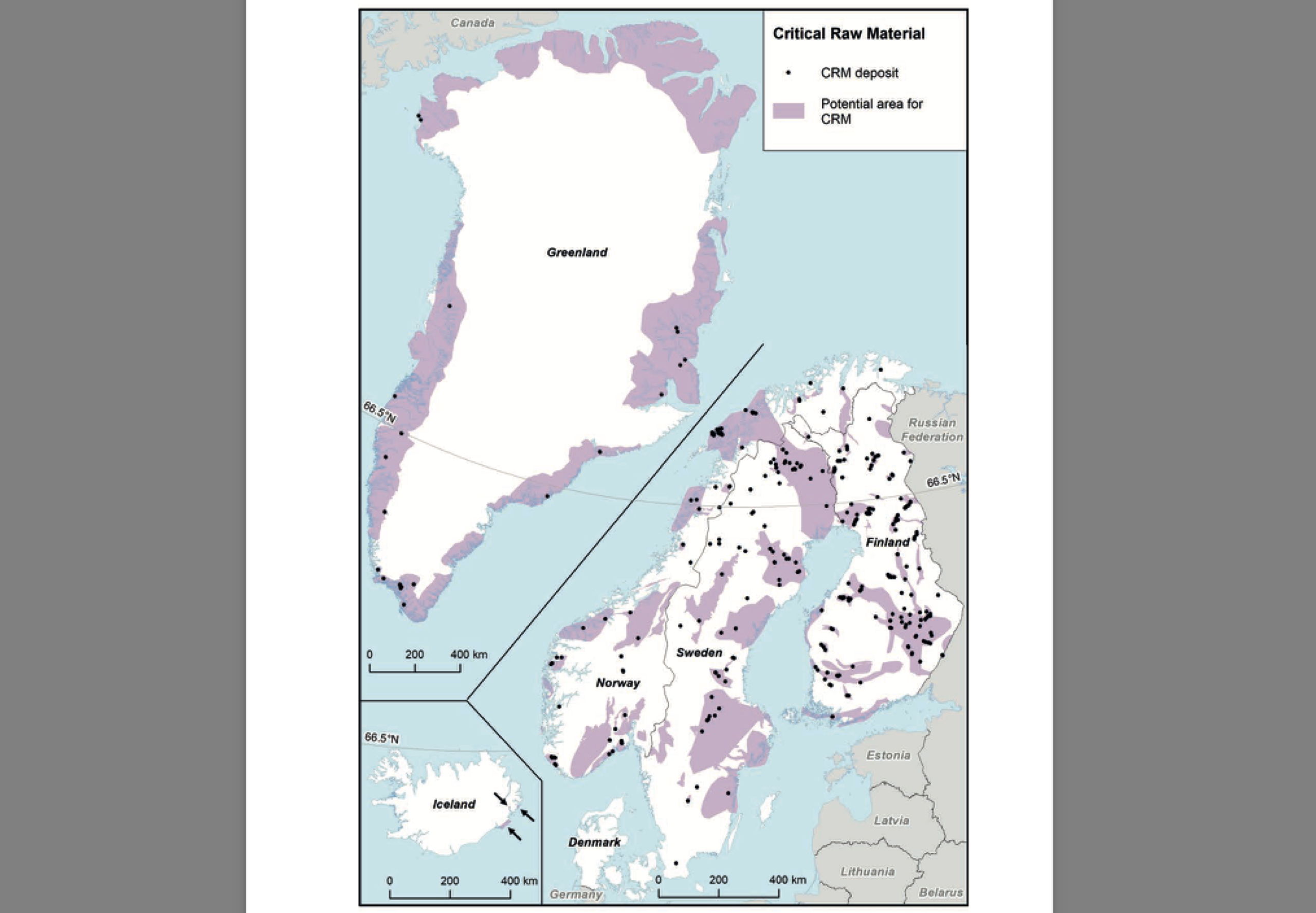 Kart kritiske råmaterialer Norden Kart kritiske råmaterialer Norden, fra rapport Nordic Innovation